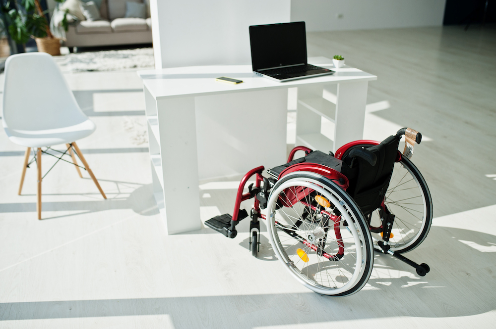 Empty wheelchair at home. Wheel chair indoor.